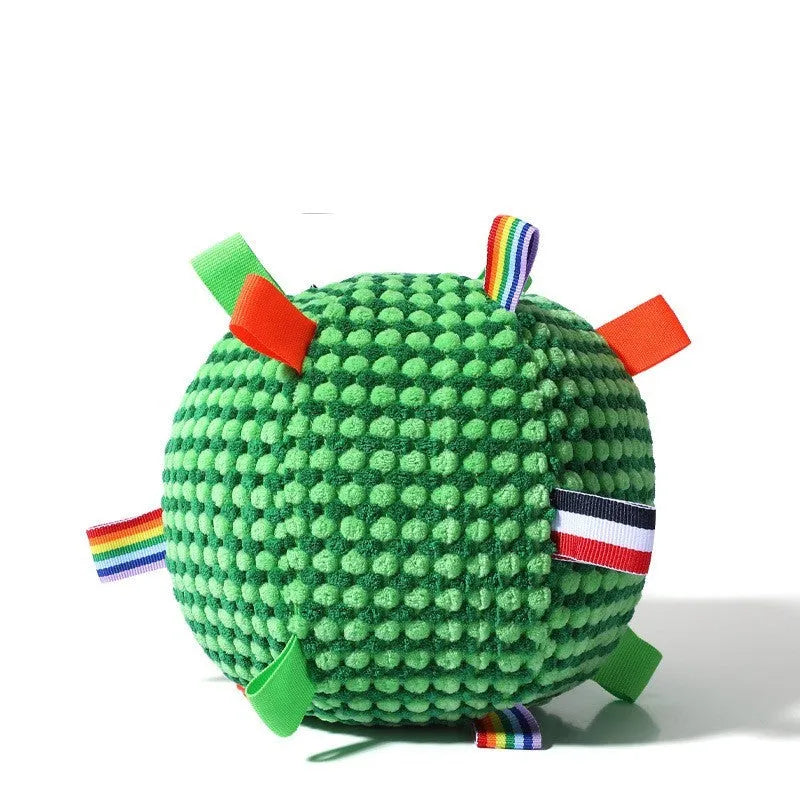 Blue and yellow pineapple lattice dog toy shaped as a rolling ring with a central ball, 17cm in diameter.