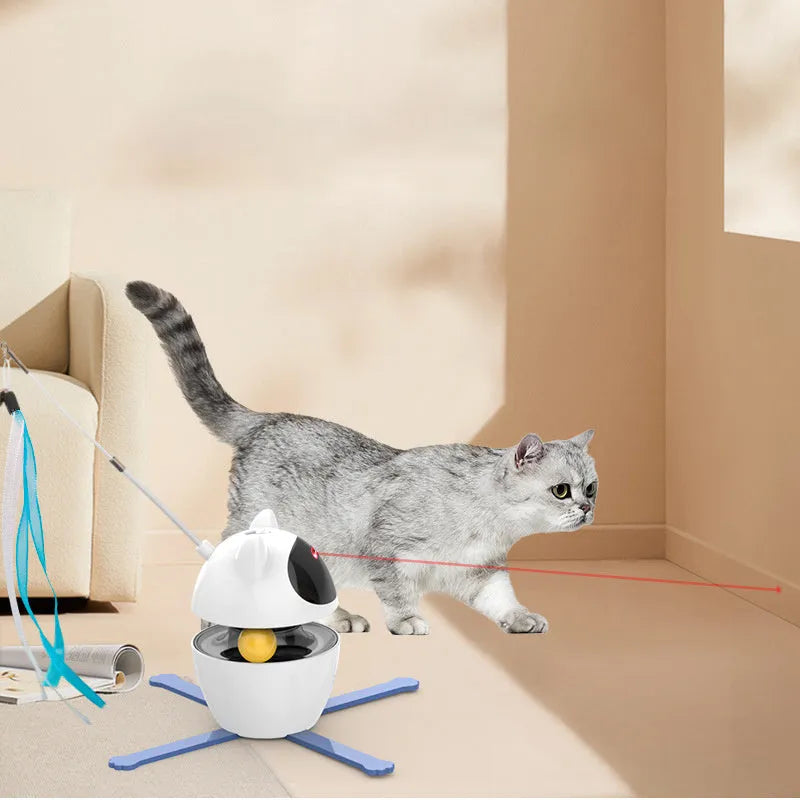 White automatic interactive cat toy stick with elastic rope extended, on a plain background.