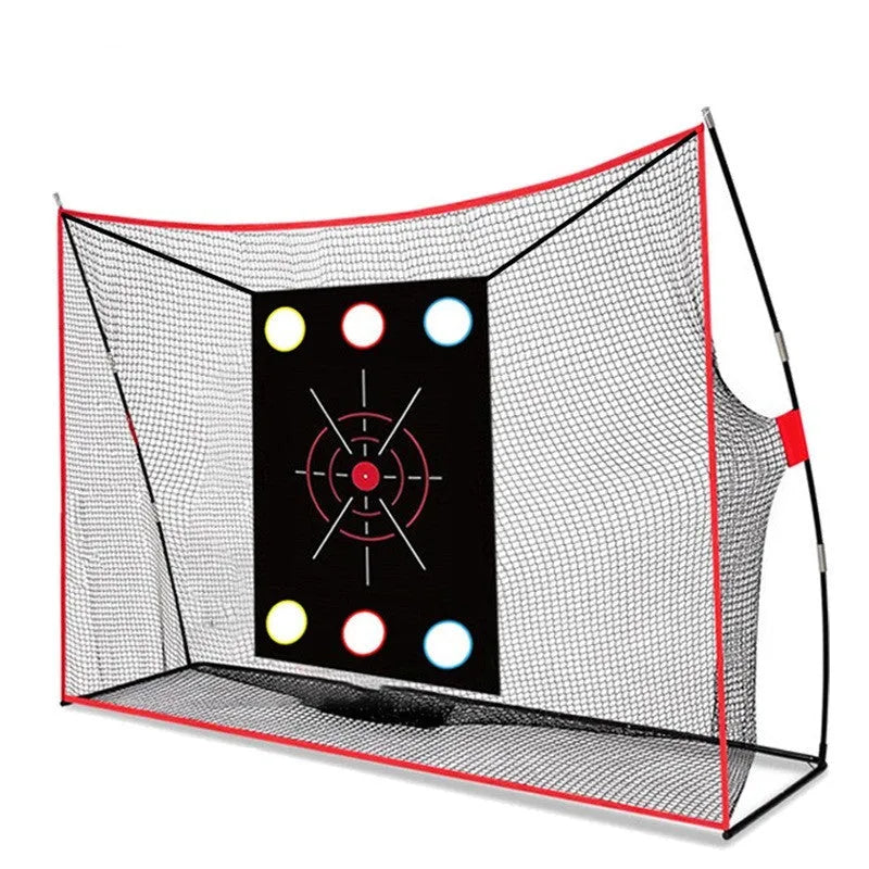 Golf swing wedge training net with 3-hole cross target, straw hitting mat, practice balls and tees