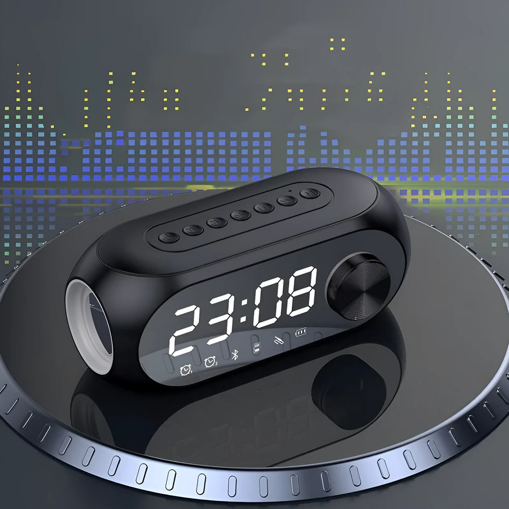 Extra bass portable mini clock Bluetooth speaker in black, blue, or white with USB charging cable.