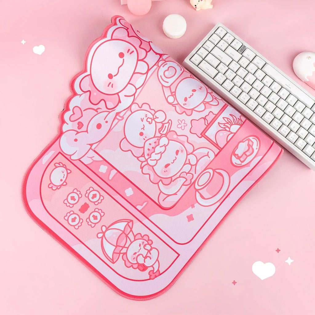 Hexagonal dragon crane machine cartoon anime print on a large 75x40 cm black cloth mouse pad with wrist rest.