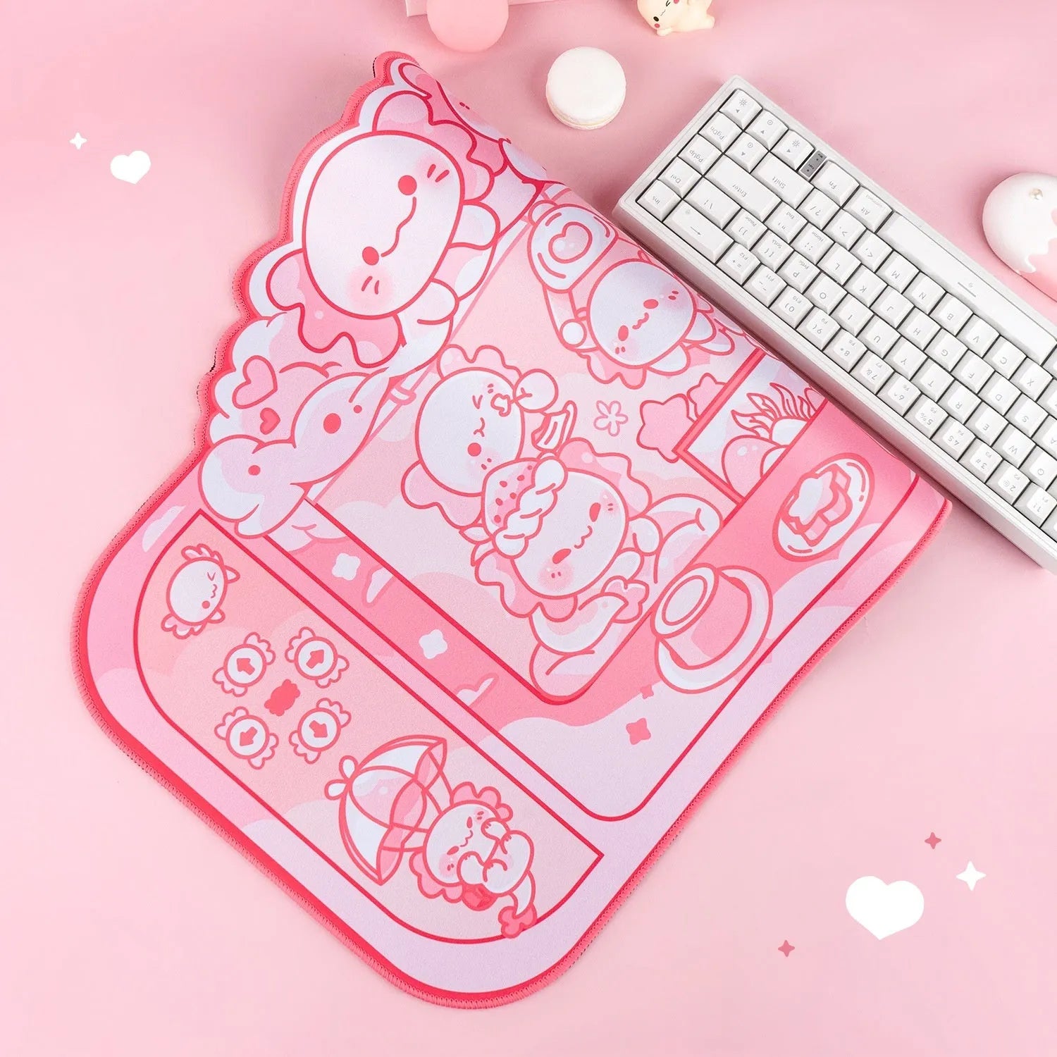 Hexagonal dragon crane machine cartoon anime print on a large 75x40 cm black cloth mouse pad with wrist rest.