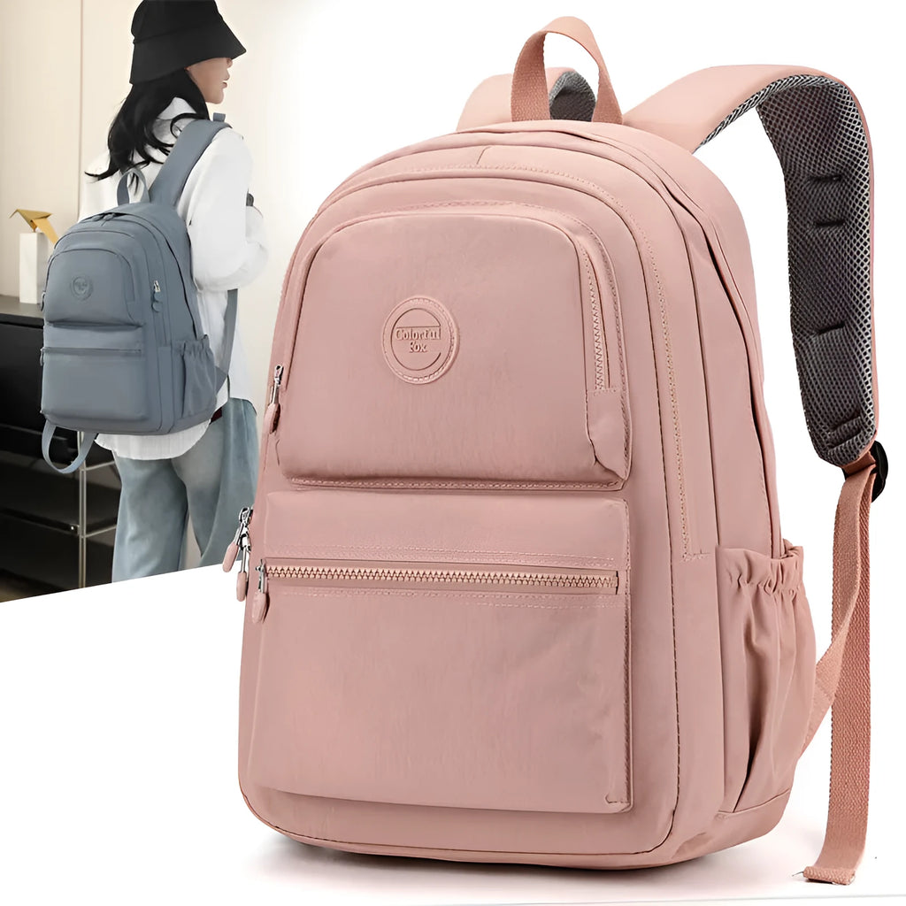 Women's waterproof nylon travel backpack with multi-compartments in rose red colour showing organisational features