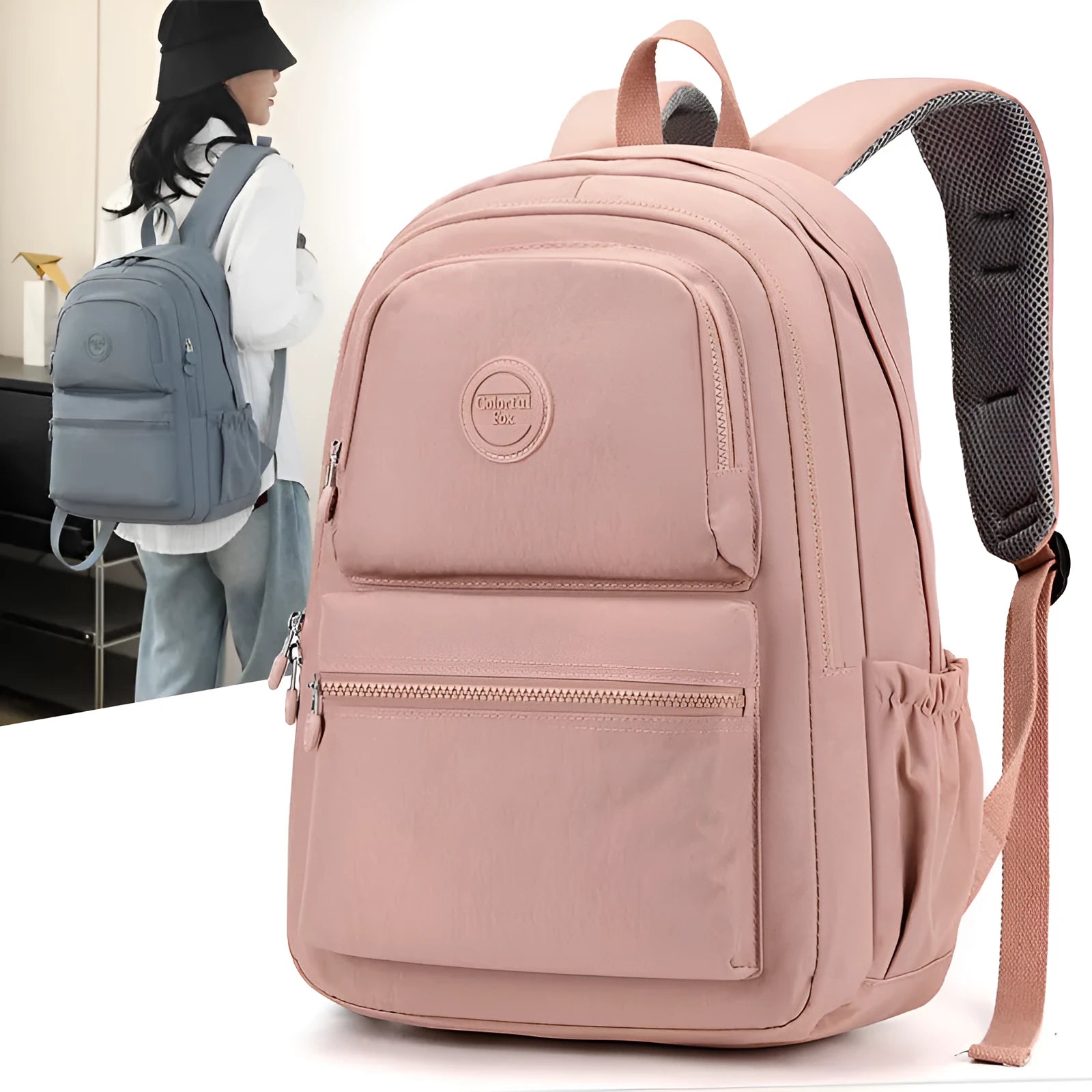 Women's waterproof nylon travel backpack with multi-compartments in rose red colour showing organisational features