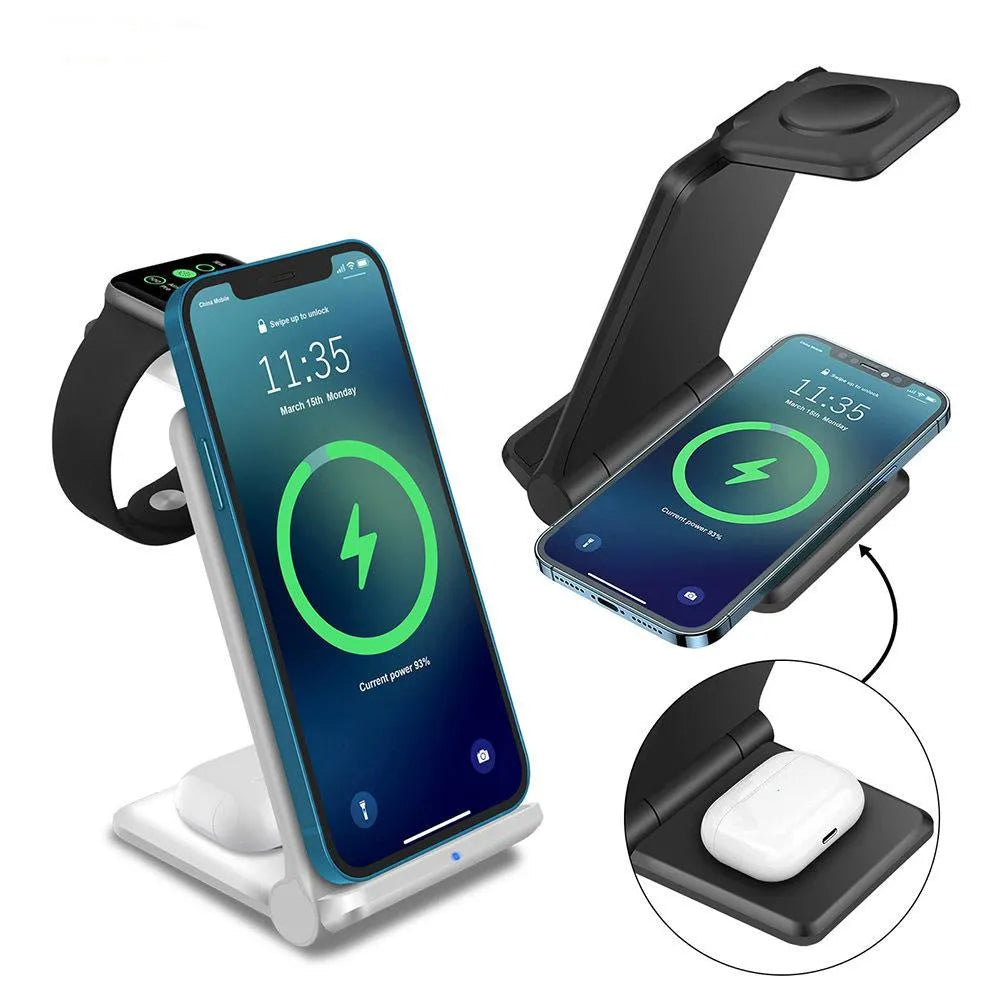 White 3-in-1 wireless charging station dock for iPhone, Apple Watch and AirPods with foldable design