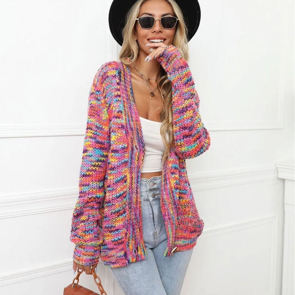 Rose red rainbow striped women's cardigan coat with loose fit and regular sleeves