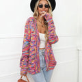 Rose red rainbow striped women's cardigan coat with loose fit and regular sleeves