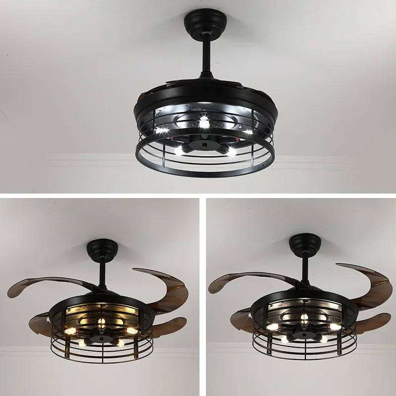 Industrial-style ceiling fan light with acrylic blades and shade, mounted flush to a white ceiling, with a remote control.