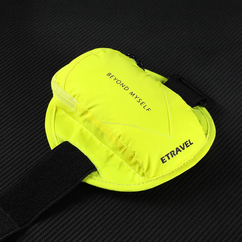 Black reflective running arm bag with adjustable strap, shown holding a smartphone, for outdoor sports safety.