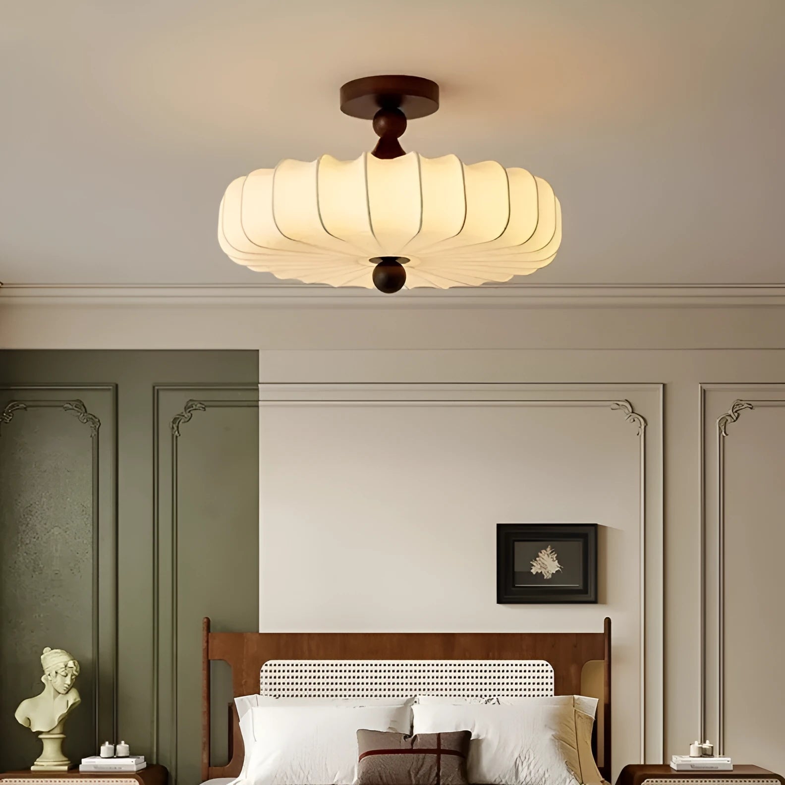 Mid-ancient French retro fabric ceiling lamp with ash wood frame in walnut colour on a ceiling