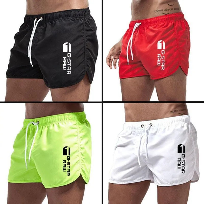 Man wearing thin polyester sports shorts with an elastic waistband in a bright colour like fluorescent green.