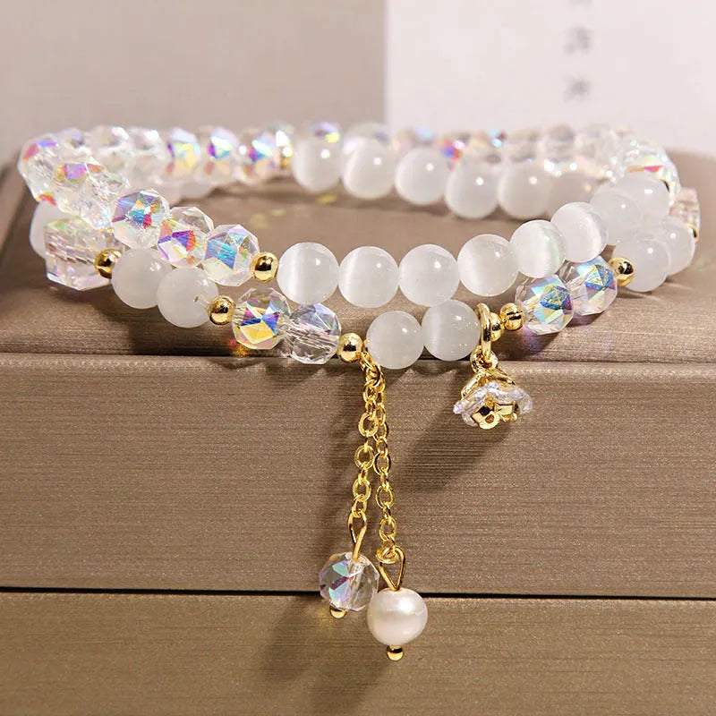 New Chinese style opal double ring bracelet for women with gold-plated cat eye crystal and zircon flower