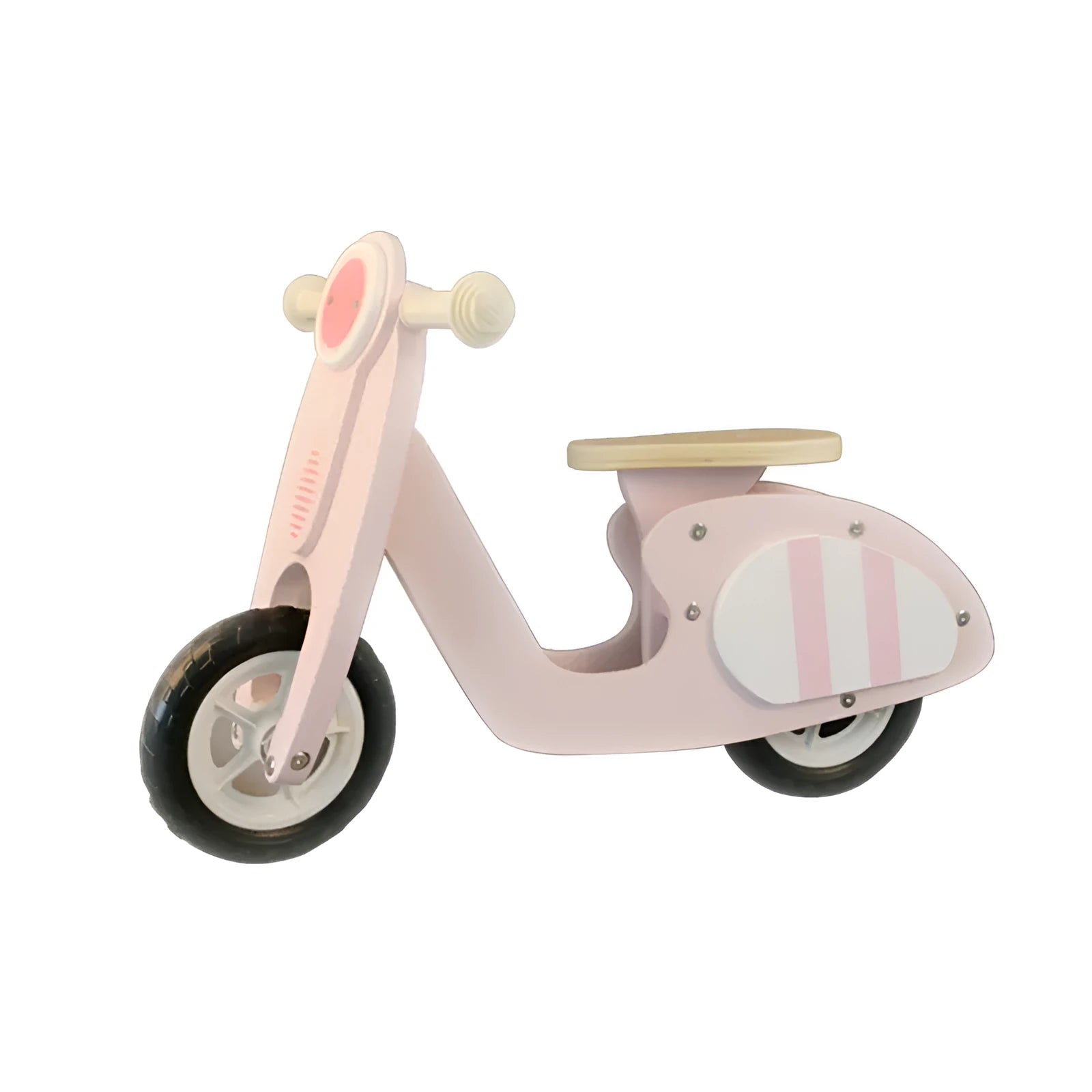 Pink wooden toddler balance scooter with a 10-inch deck for children aged 1-6.
