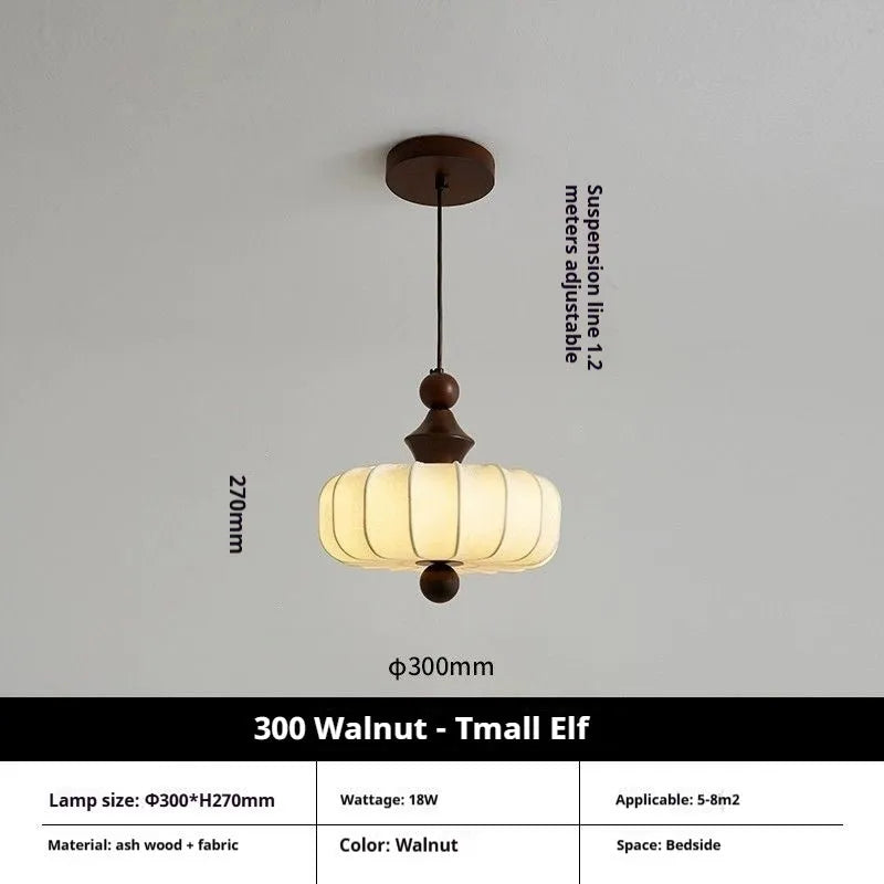 Mid-ancient French retro fabric ceiling lamp with ash wood frame in walnut colour on a ceiling