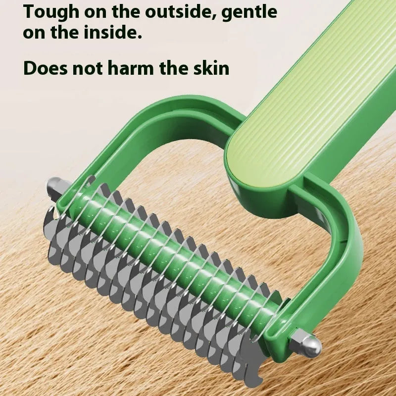 Green and grey dog unknotting combs in small and large sizes on a white background.