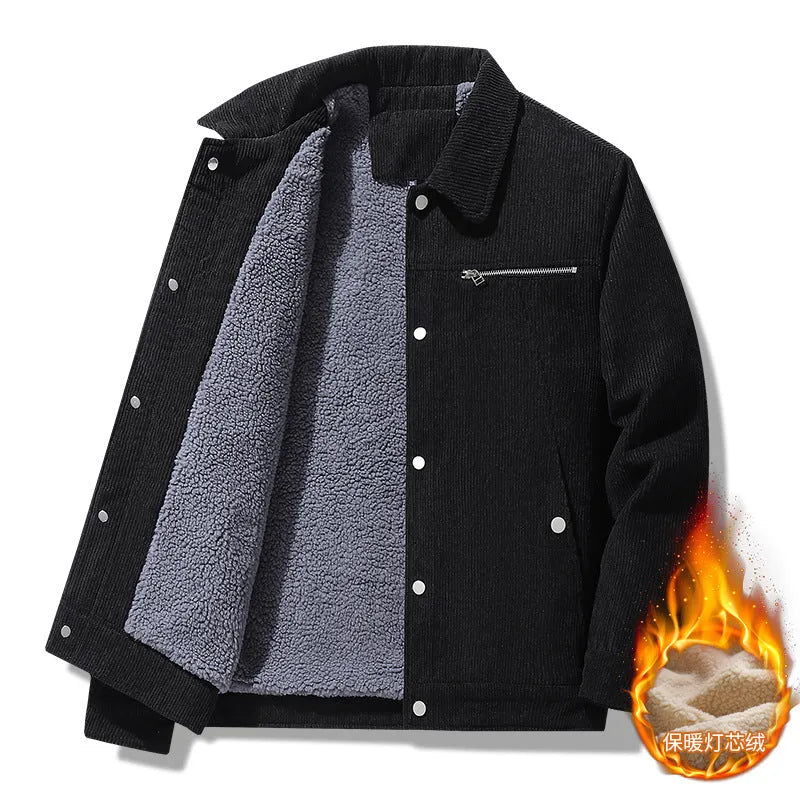 Winter slim retro lapels thick corduroy jacket for men in army green side seam pockets
