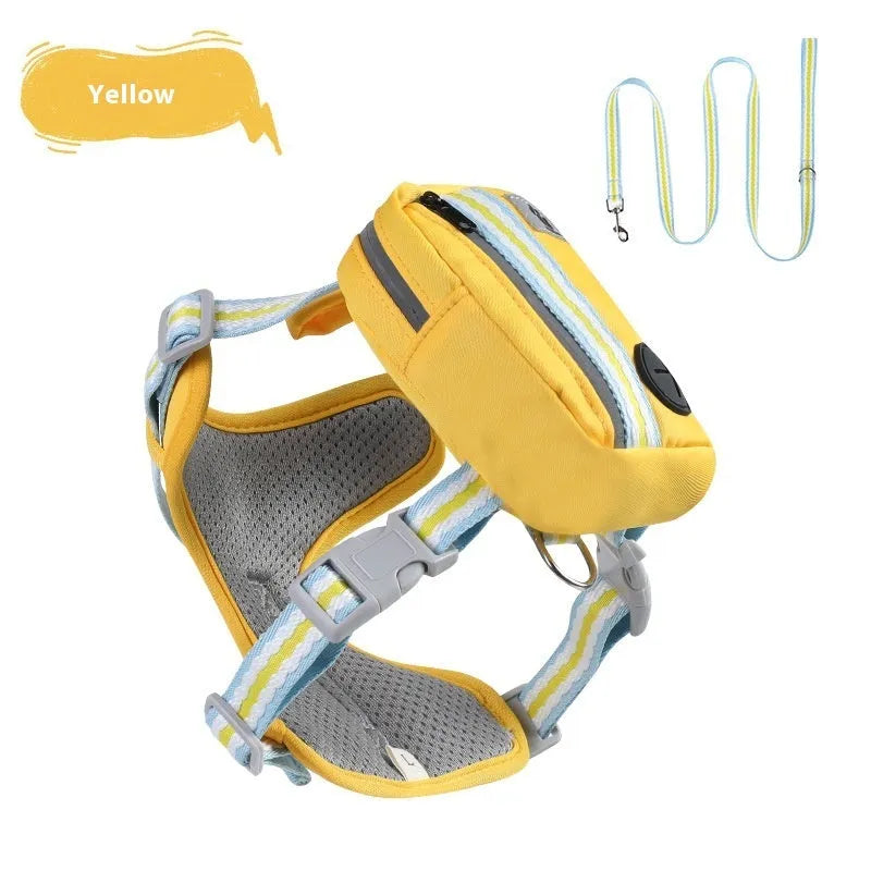 Explosion-proof anti-strangulation pet chest harness and rope in green, blue, pink, or yellow.