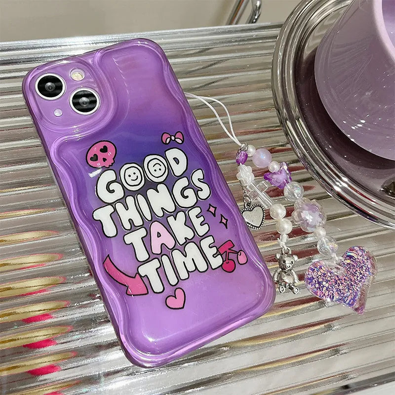 Purple English graffiti love pendant iPhone 14 mobile phone case with bracelet attachment and TPU soft shell construction