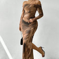 Women's printed mesh fishtail dress with gradient colour pleats and square collar