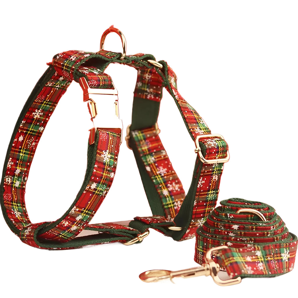 Green background snowflake Christmas pet collar set with leash, bow, and vest