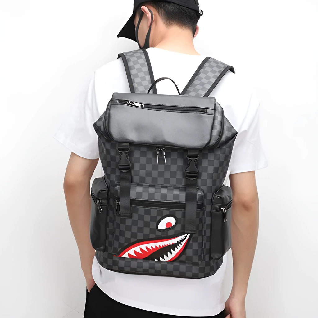 Korean style black checkered printed large backpack made of PU leather with curved shoulder straps