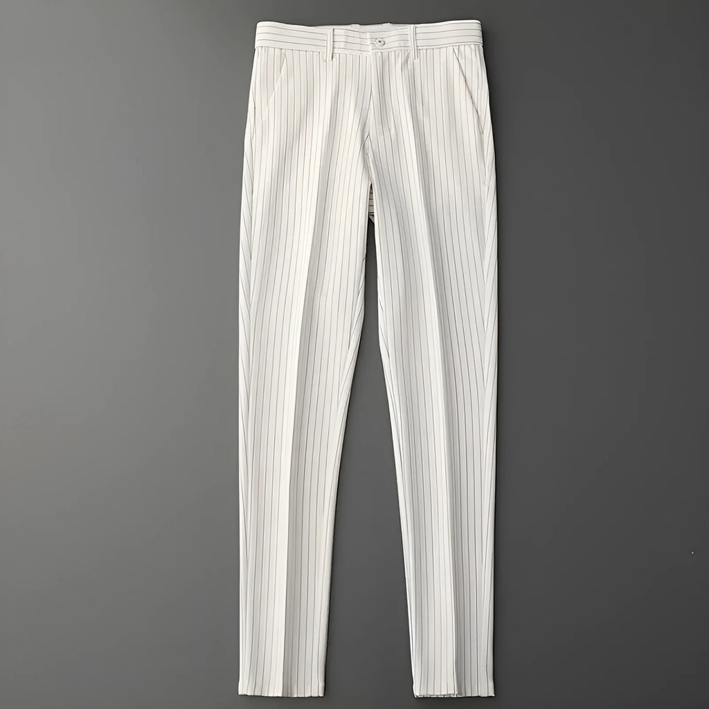 Men's thin striped loose suit pants with draping fit in black and white colours.