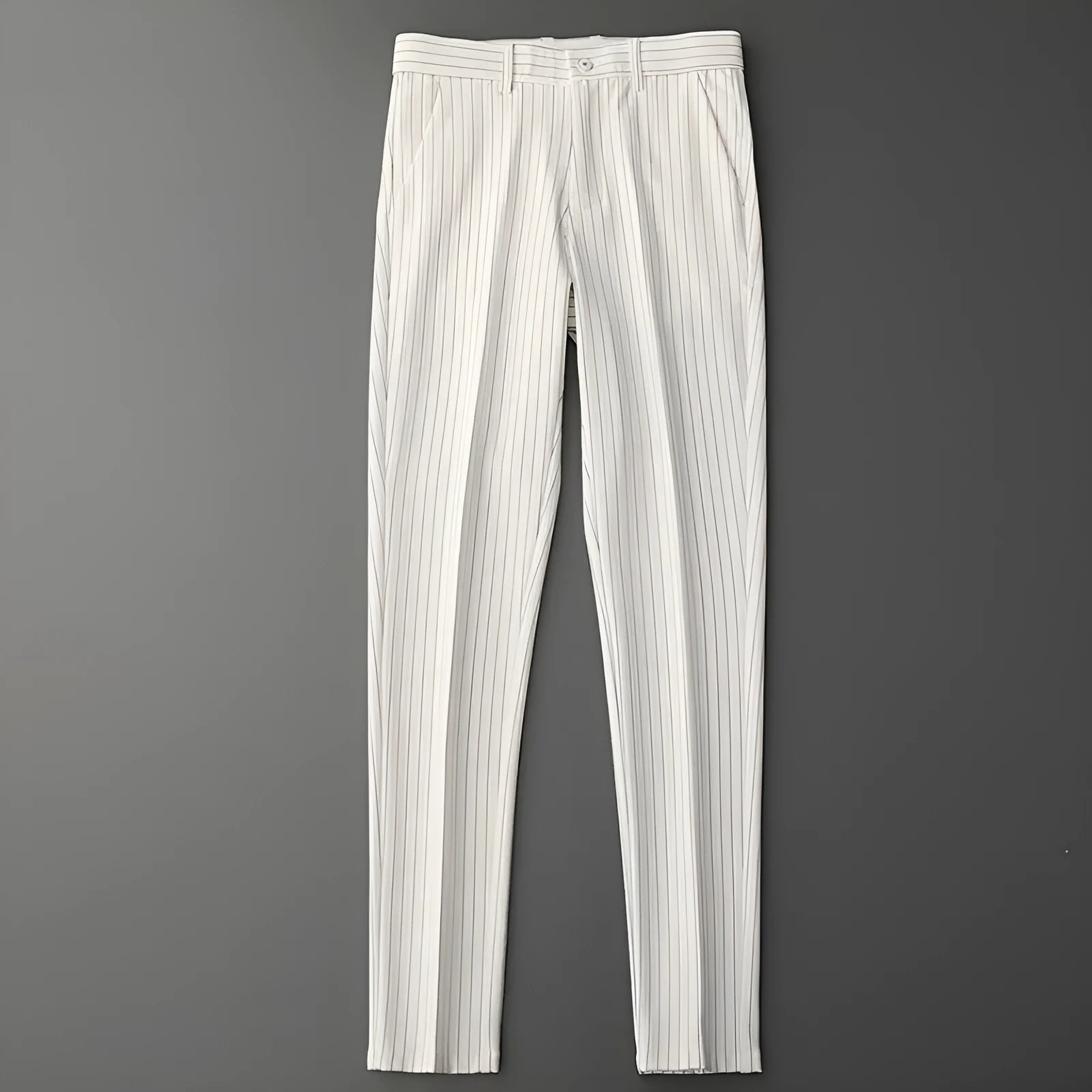 Men's thin striped loose suit pants with draping fit in black and white colours.