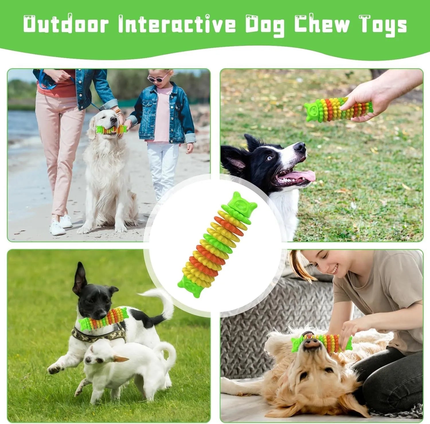 Blue caterpillar-shaped dog chew toy made from natural rubber for aggressive chewers.