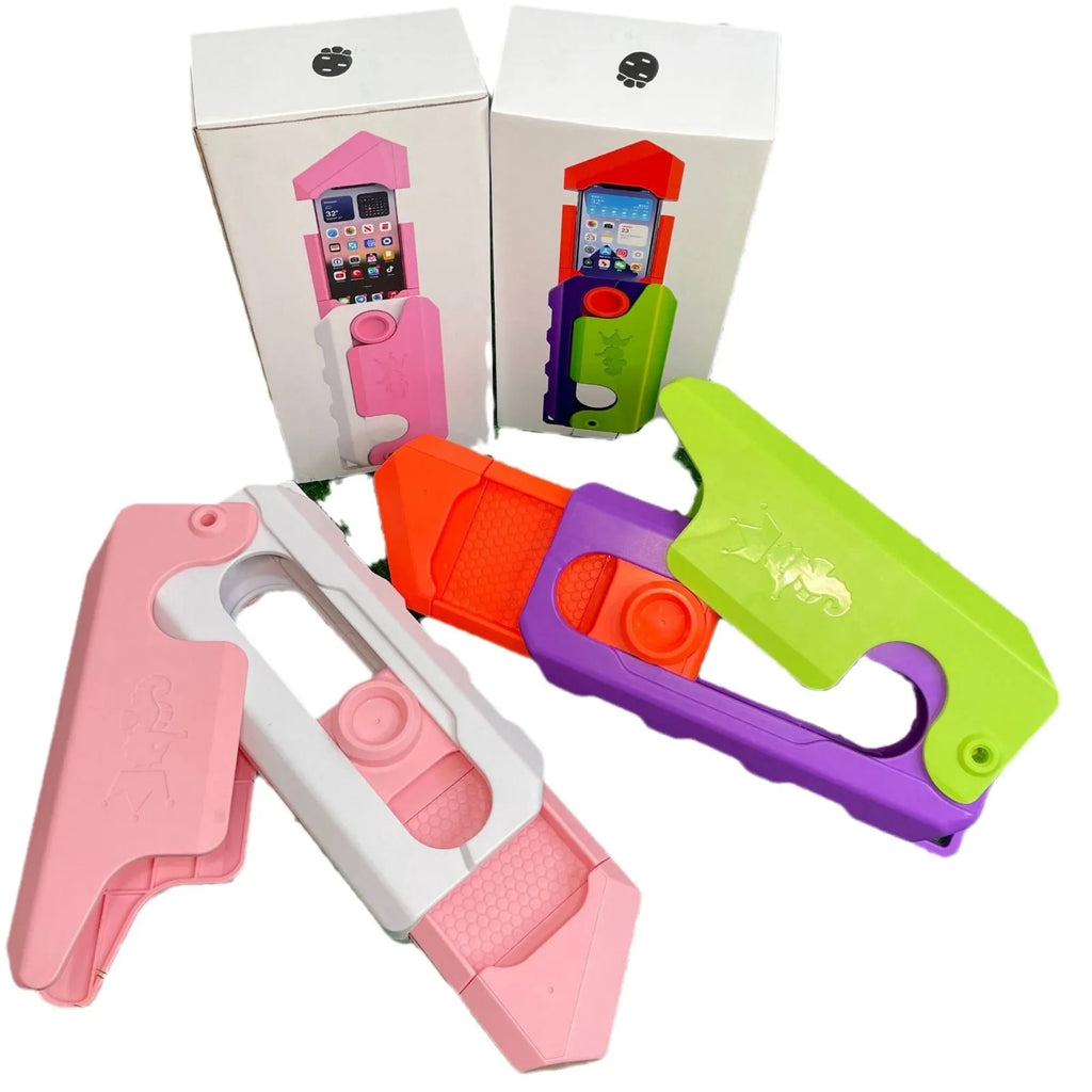 Radish knife phone case decompression toy in pink and white or purple orange, plastic universal phone case.