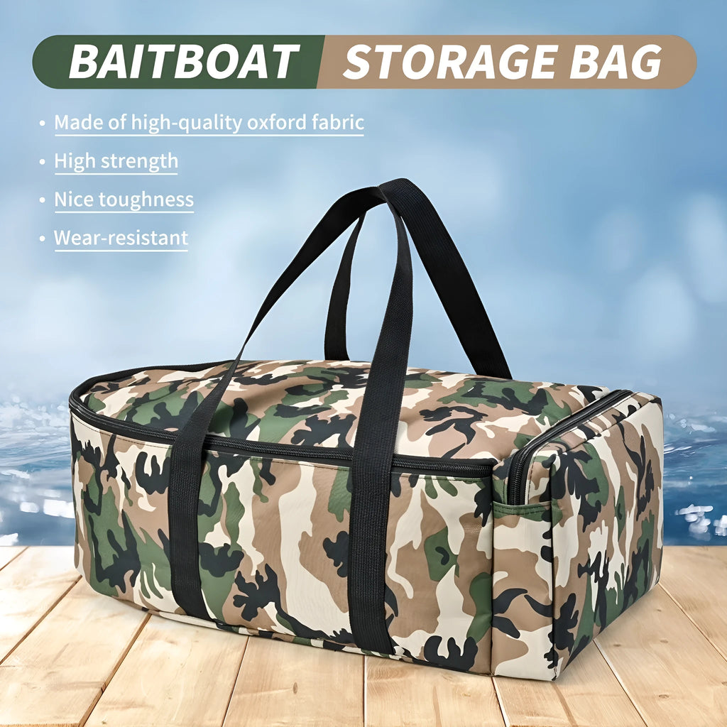 Portable fishing boat storage bag in 1000D polyester fibre, shown in Black and Camouflage colours