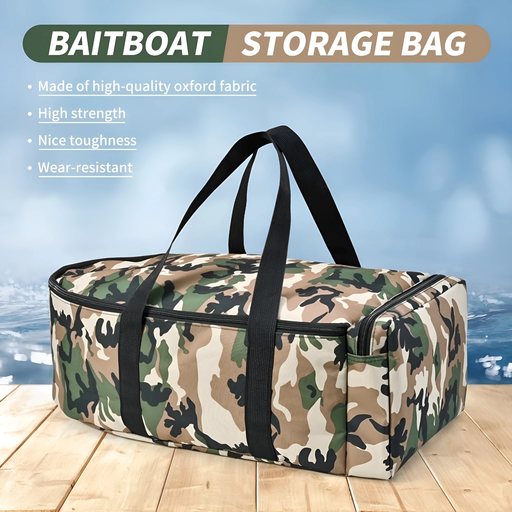 Portable fishing boat storage bag in 1000D polyester fibre, shown in Black and Camouflage colours
