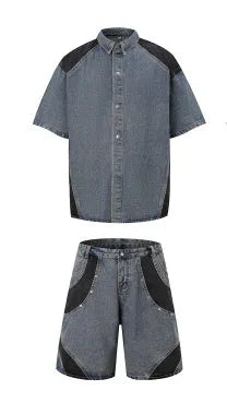 Retro washed denim jeans suit featuring a short-sleeve jacket and matching trousers on a mannequin.