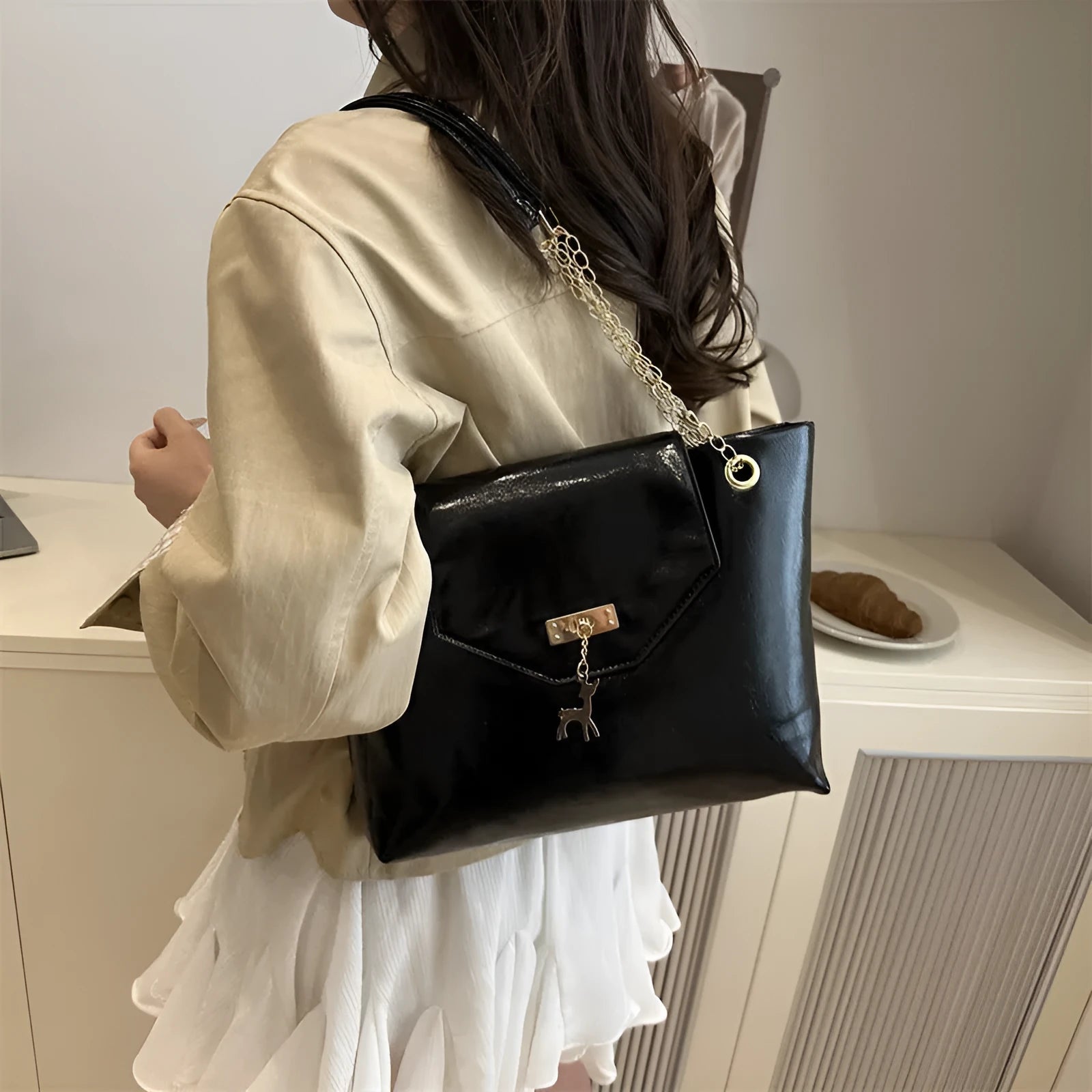 Large capacity chain shoulder bag for women in black, soft PU, horizontal square shape with chain strap