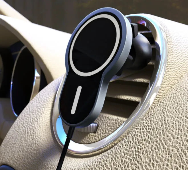 Black magnetic wireless car charger bracket with USB cable, compatible with Apple iPhone and Android phones