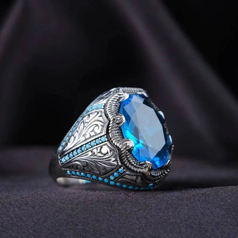 Grandmother Blue Zircon geometric couple ring in antique silver on alloy band.