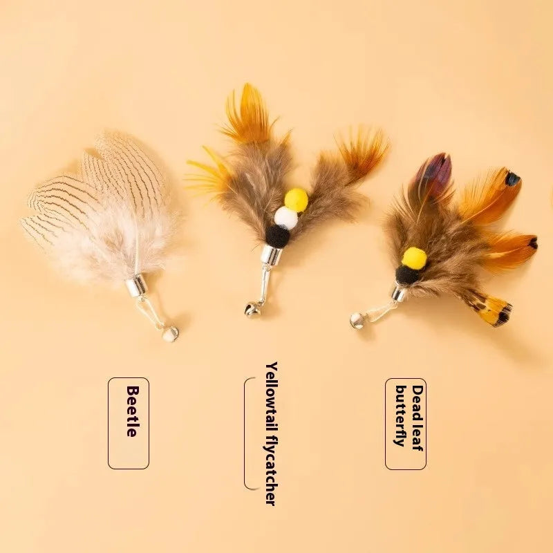 Three small steel-wire insect toy heads for cats in assorted colours, against a white background.