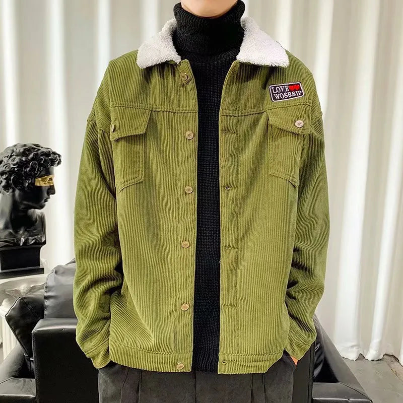 Men's corduroy workwear jacket in loose fit design showing front view