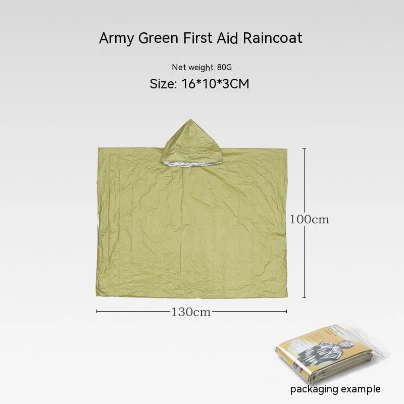 Orange and green emergency tent, sleeping bag, and raincoat kit for outdoor survival.