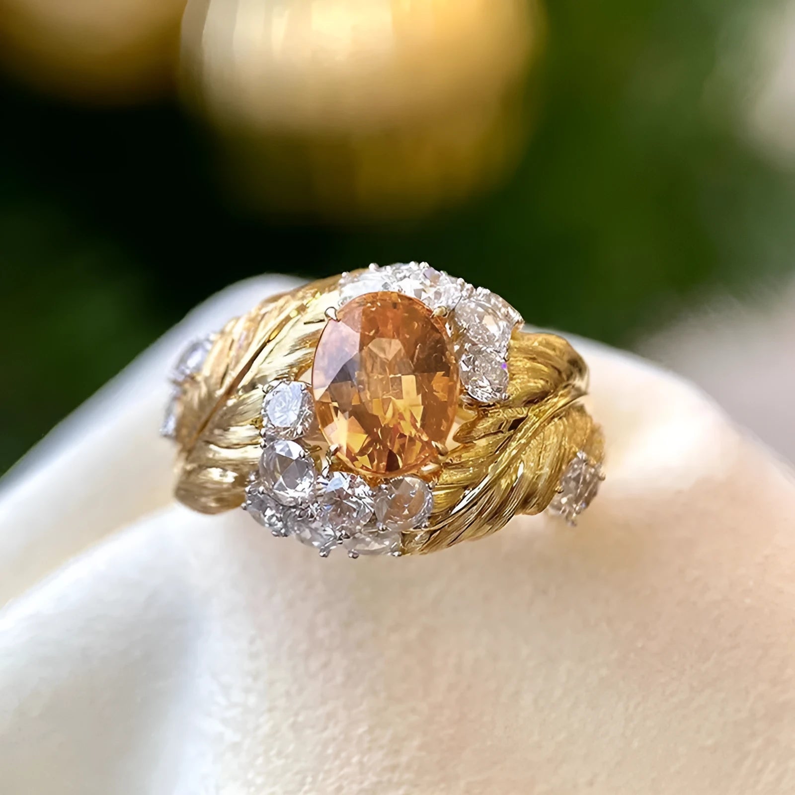 Gold women's ring with embossed feather pattern and yellow zircon stones on geometric copper band