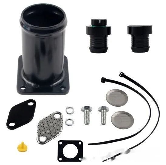 BMW E46 diesel EGR delete kit showing removal tube, blanking plates, vacuum plug, bolts, washers, and cable ties