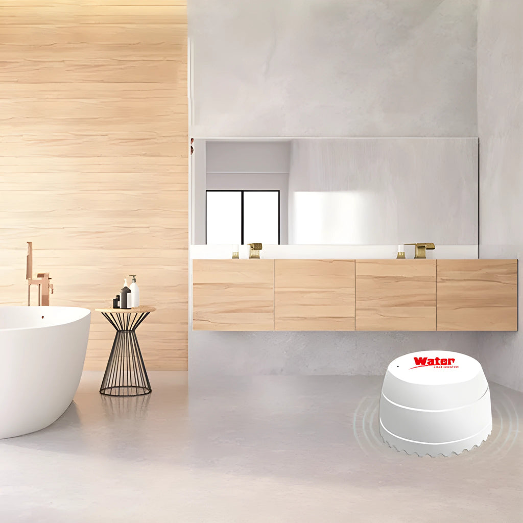 White WiFi smart leakage alarm with buzzer placed on a floor for water overflow detection