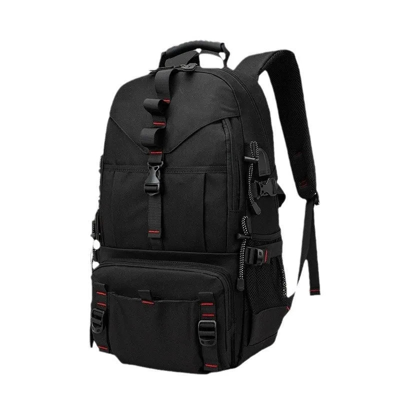 Men's black waterproof Oxford cloth hiking backpack with adjustable straps and multiple compartments.