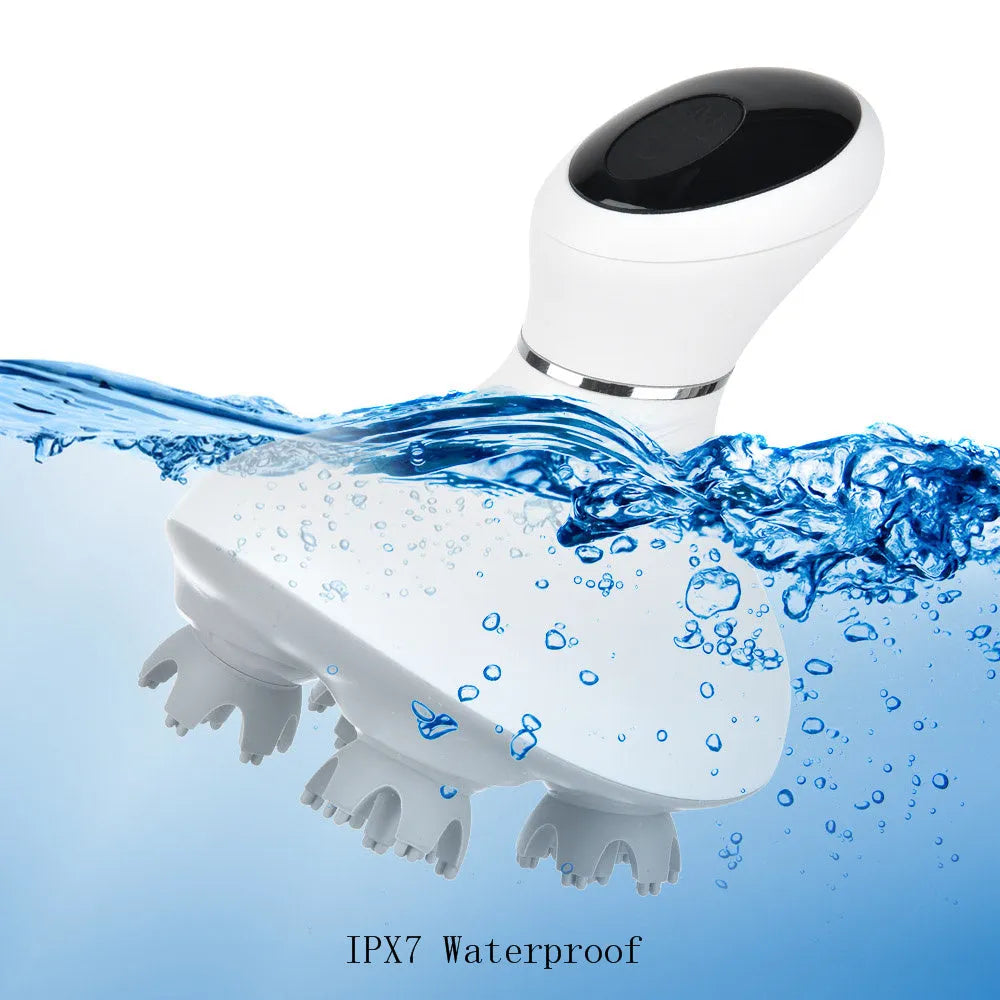 White rechargeable waterproof electric scalp head massager with wireless remote control on a surface