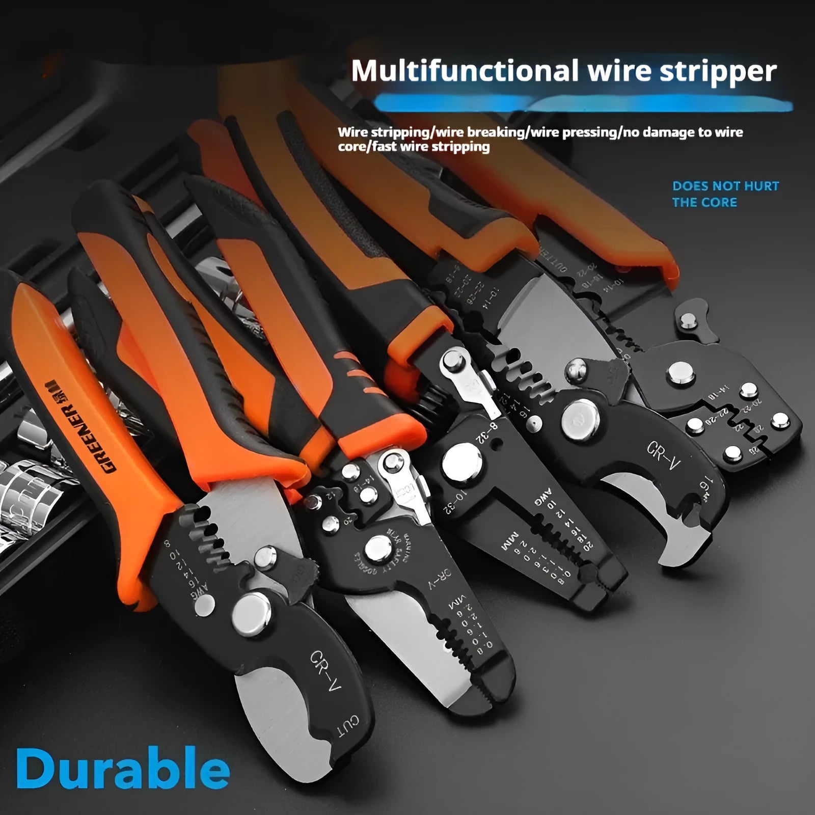 Fully automatic wire stripping pliers tool with high carbon steel blades on a workbench.