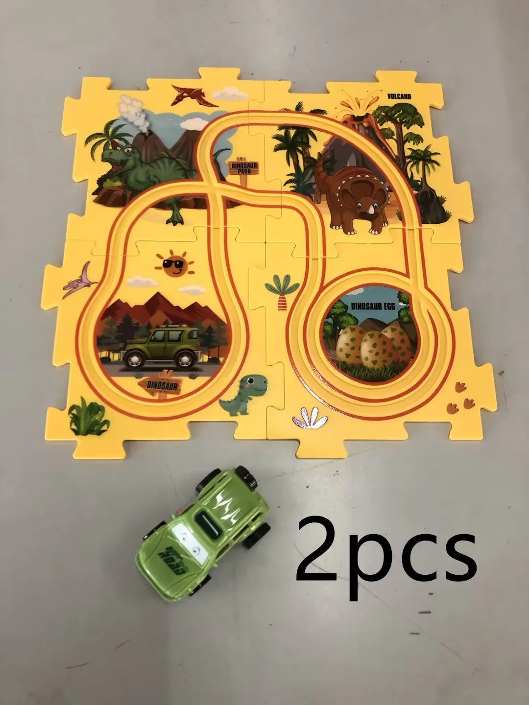 Children puzzle electric railroad speeder with DIY assembly track and automatic car, dinosaur theme