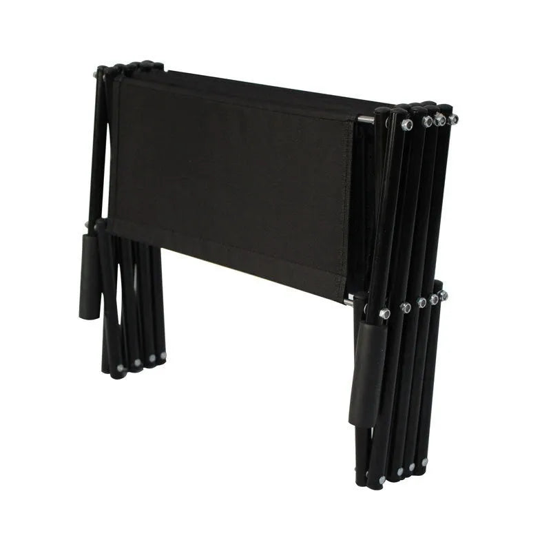 Folding four-step stainless steel dog ladder in navy blue, set up at a car tailgate.