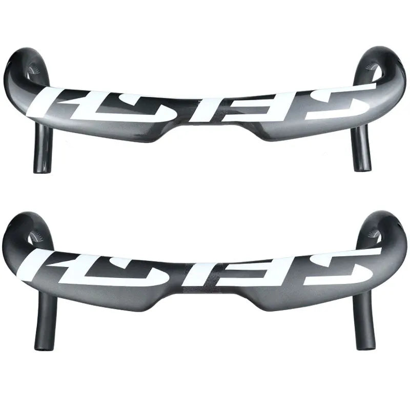 Carbon fibre road bicycle drop handlebar shown in black, highlighting its bend and clamp area.
