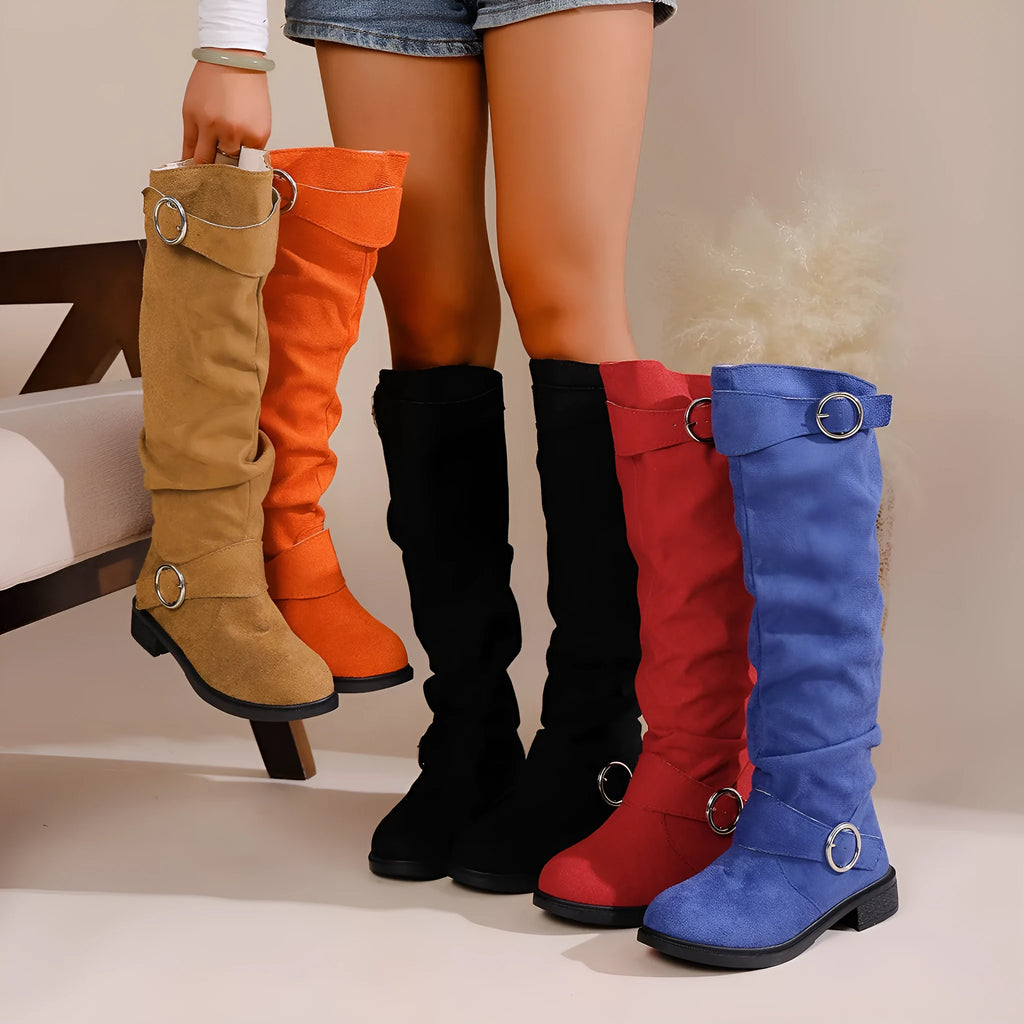 Women's pleated flat-bottom western cowboy boots with belt buckle, suede upper, mid block heel, slip-on round toe, black colour