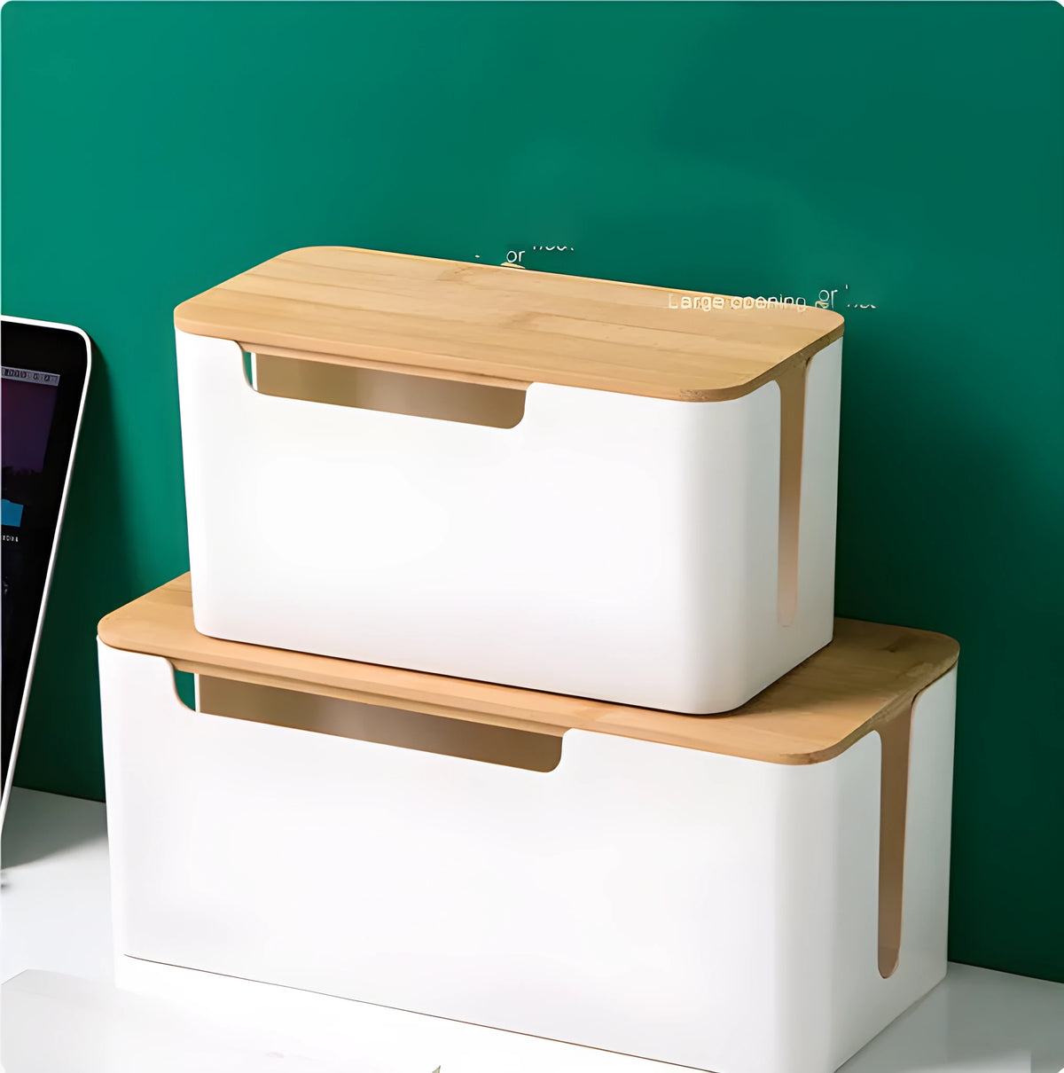 Plastic cable storage box in bamboo colour set, medium size, with power strip inside on a desk
