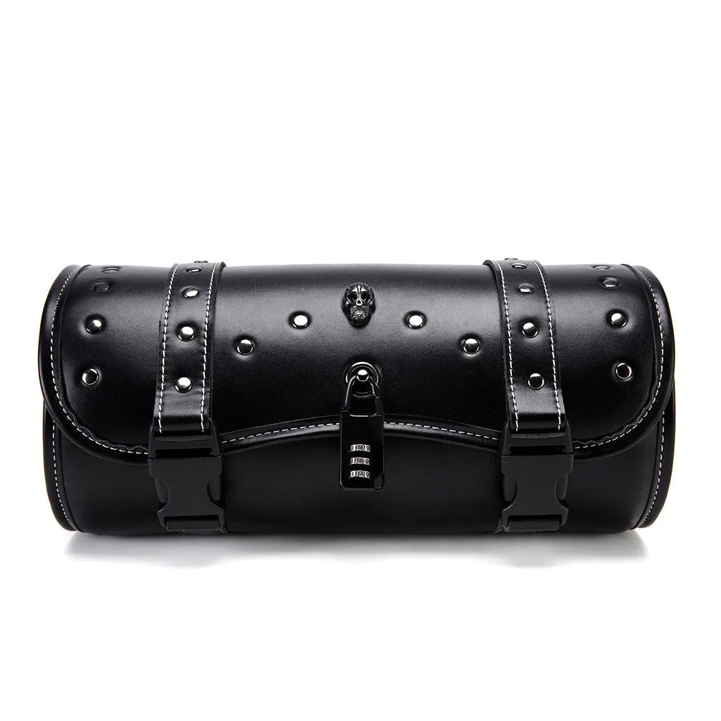 Black PU leather motorcycle pannier bag mounted on a retro bike